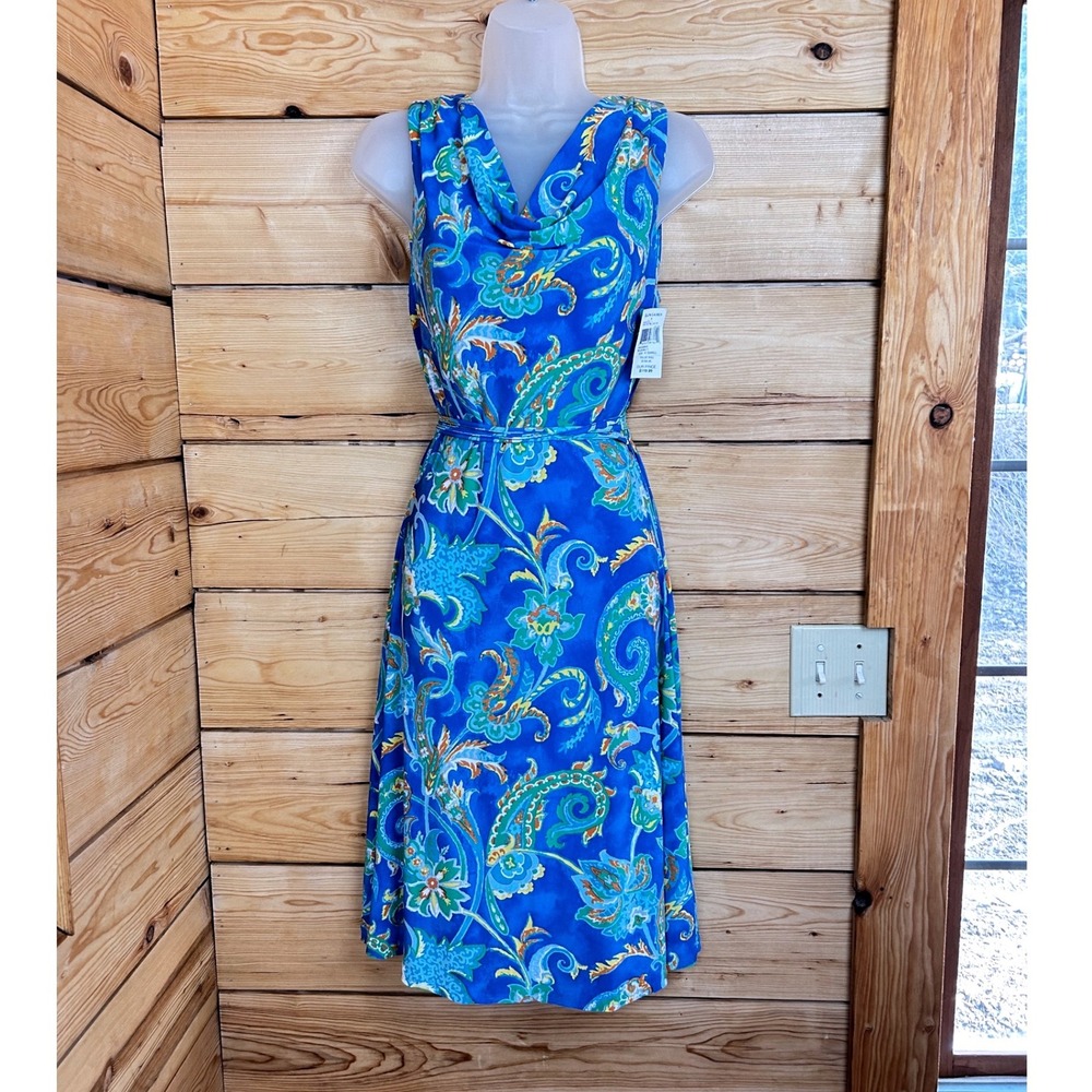 Lauren Ralph Lauren Blue Multi Paisley Cowl Neck Belted Midi Dress XS NWT